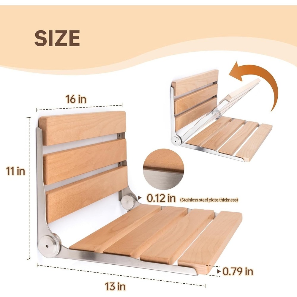 Jamini Folding Shower Seat 16in Beech Wood Wall Mount 330lb Heavy Duty - Picture 4 of 7